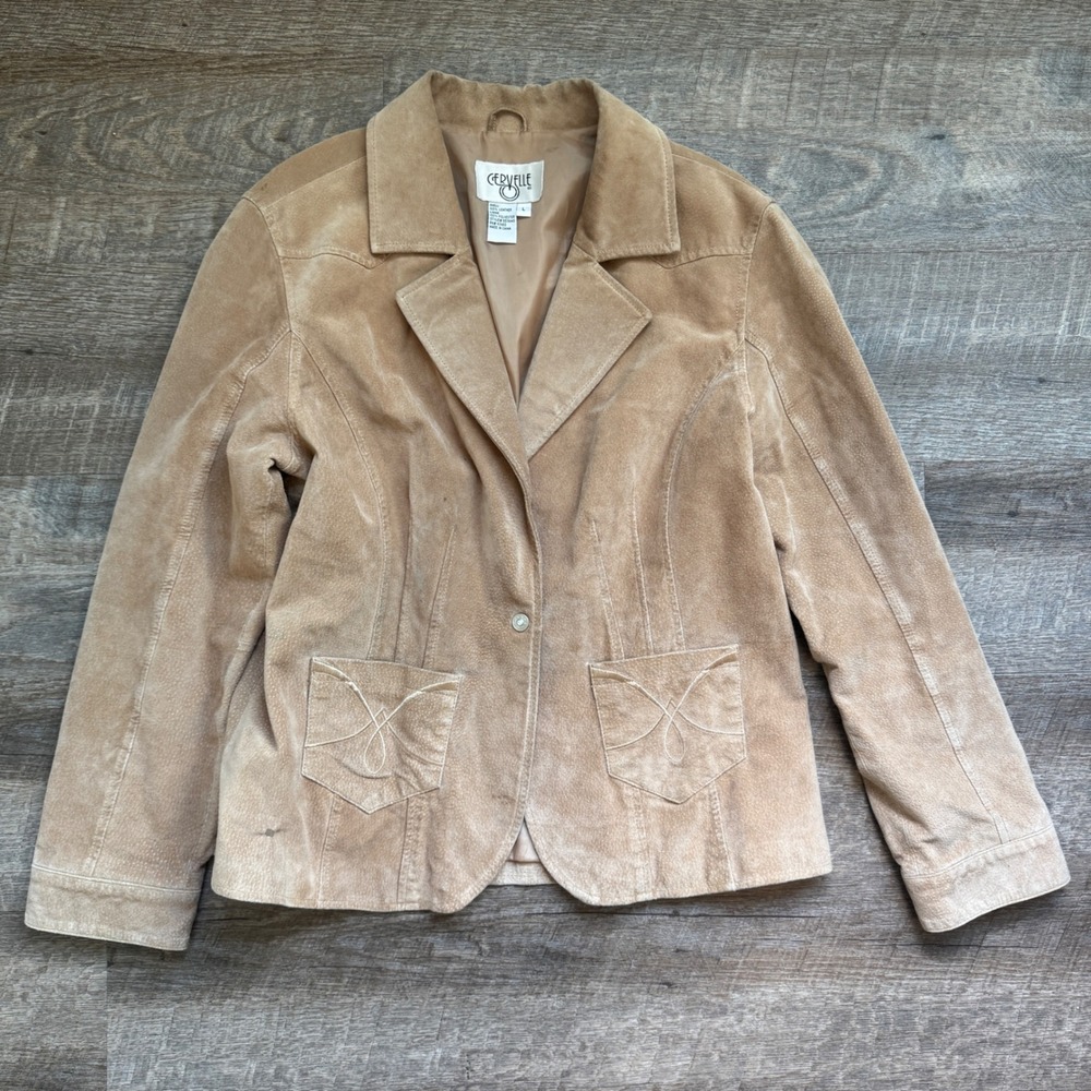 Cervelle Tan Suede Leather Western Blazer Jacket Embroidered Pockets Size L BOHO
